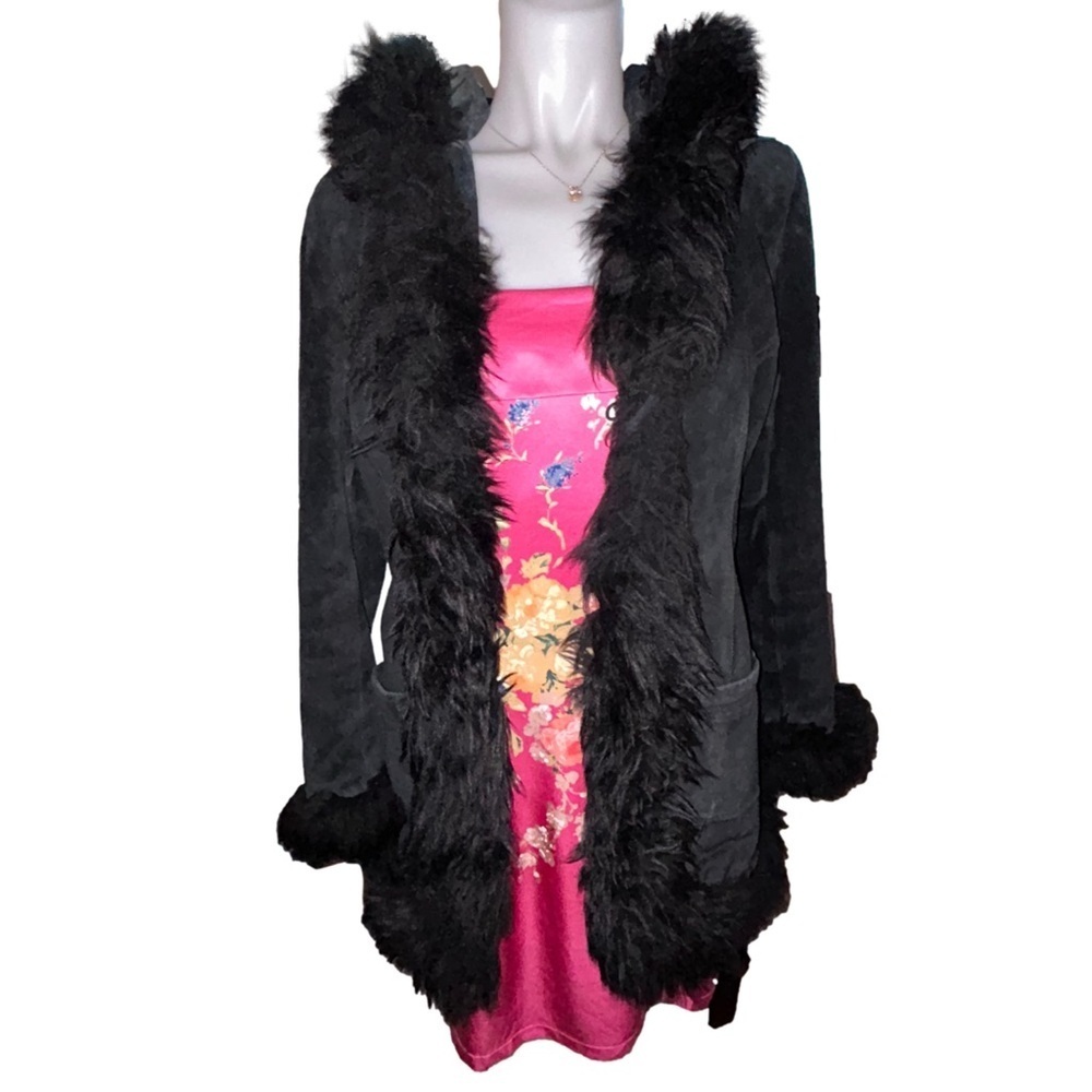 Vintage Guess Black Leather Suede & Lamb Fur Coat Y2K Hooded Penny Lane Small